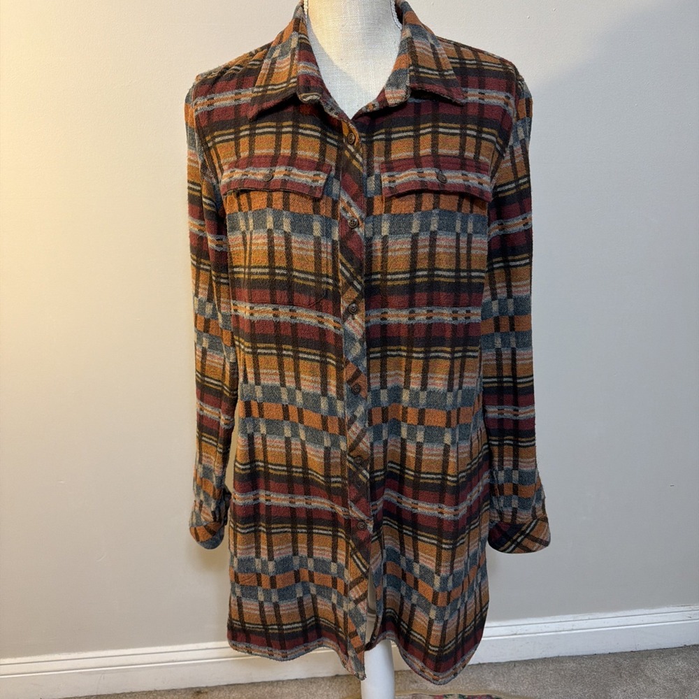 LL Bean Signature Woman's Flannel Long Button Up Shirt Fall Colors Large Regular
